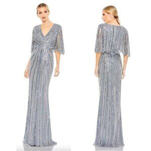 MAC DUGGAL 93583 Sequined V Neck Cape Sleeve Column Gown Slate Blue Size 8 NWT